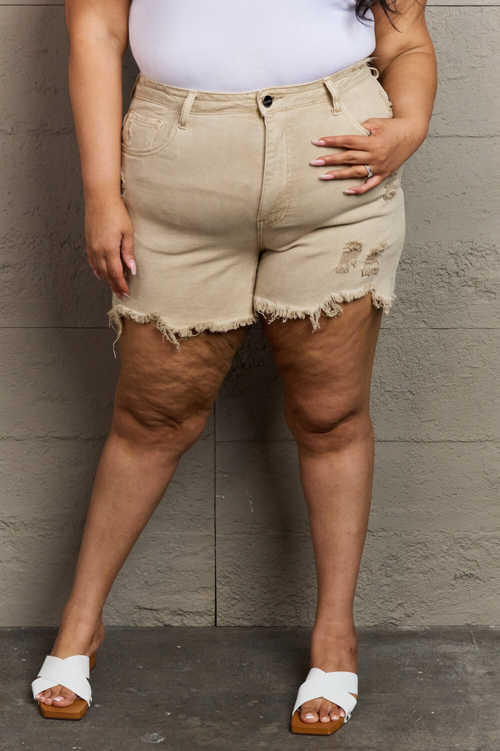 Risen - KATIE Full Size High Waisted Distressed Shorts in Sand