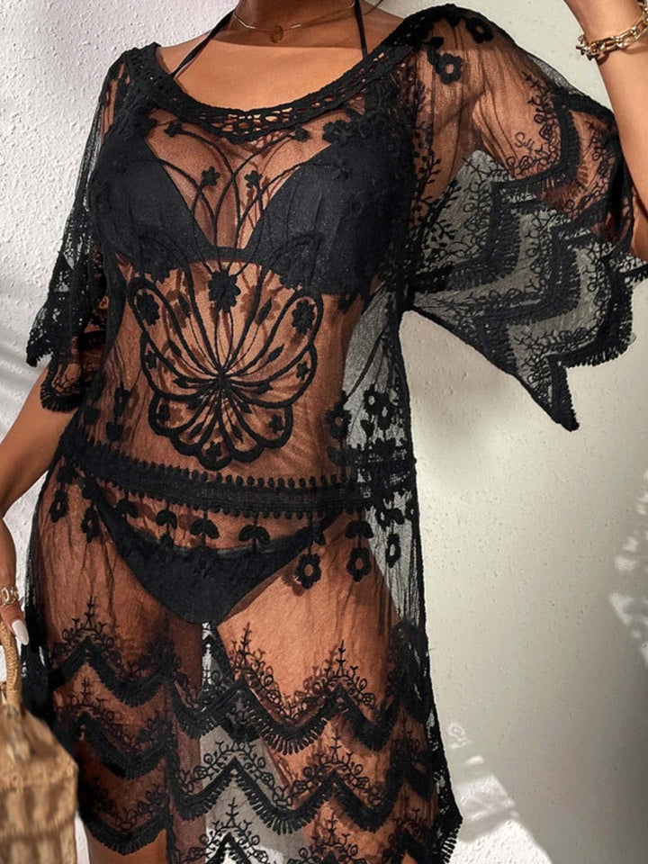 Lace Round Neck Half Sleeve Cover-Up