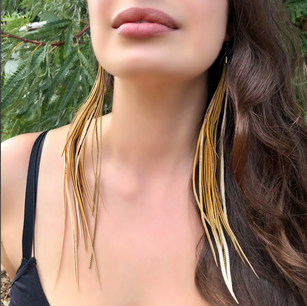 FREEBIRDS COLLECTION: Extra Long Feather Earrings - Gldn Blk