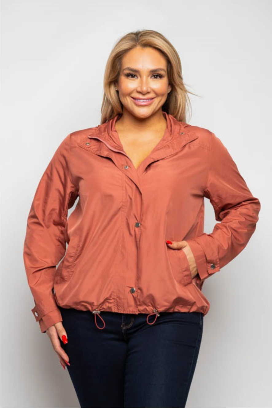 REACHING OUT - Button Zip Up Hooded Windbreaker Jacket (Curvy)