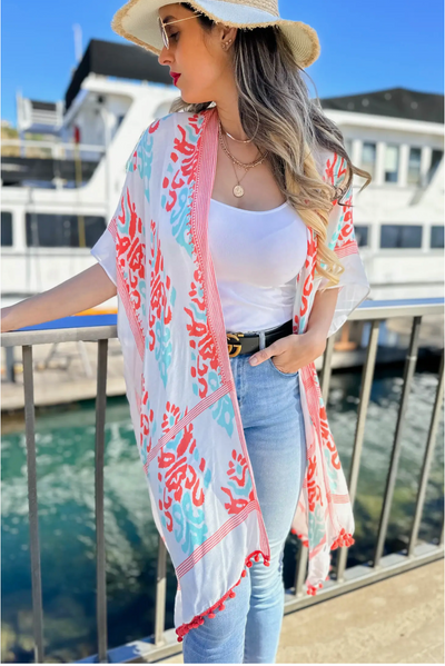 CORAL REEF - Damask Flower Printed Kimono Cardigan Cover Up