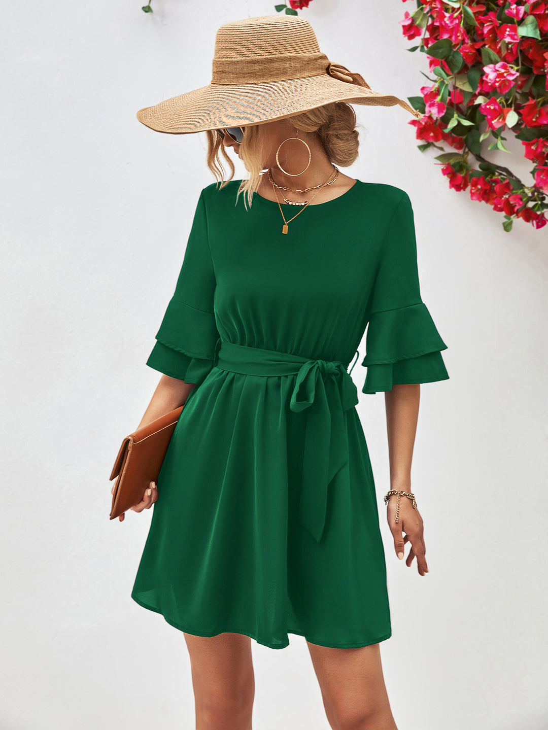 Round Neck Tie Belt Flounce Sleeve Dress