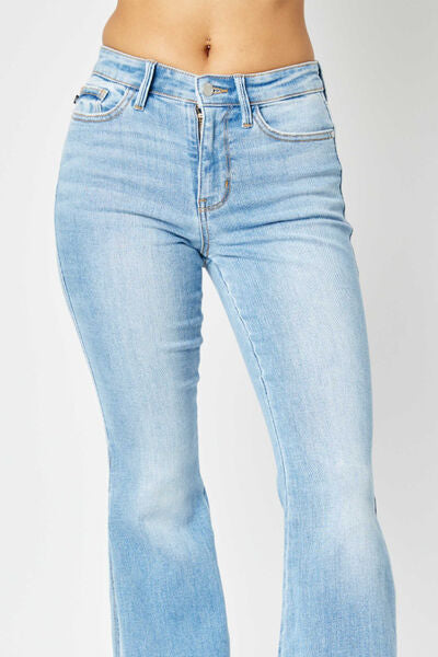 Judy Blue - FLORES Full Size Mid Rise Raw Hem Slit Flare Jeans