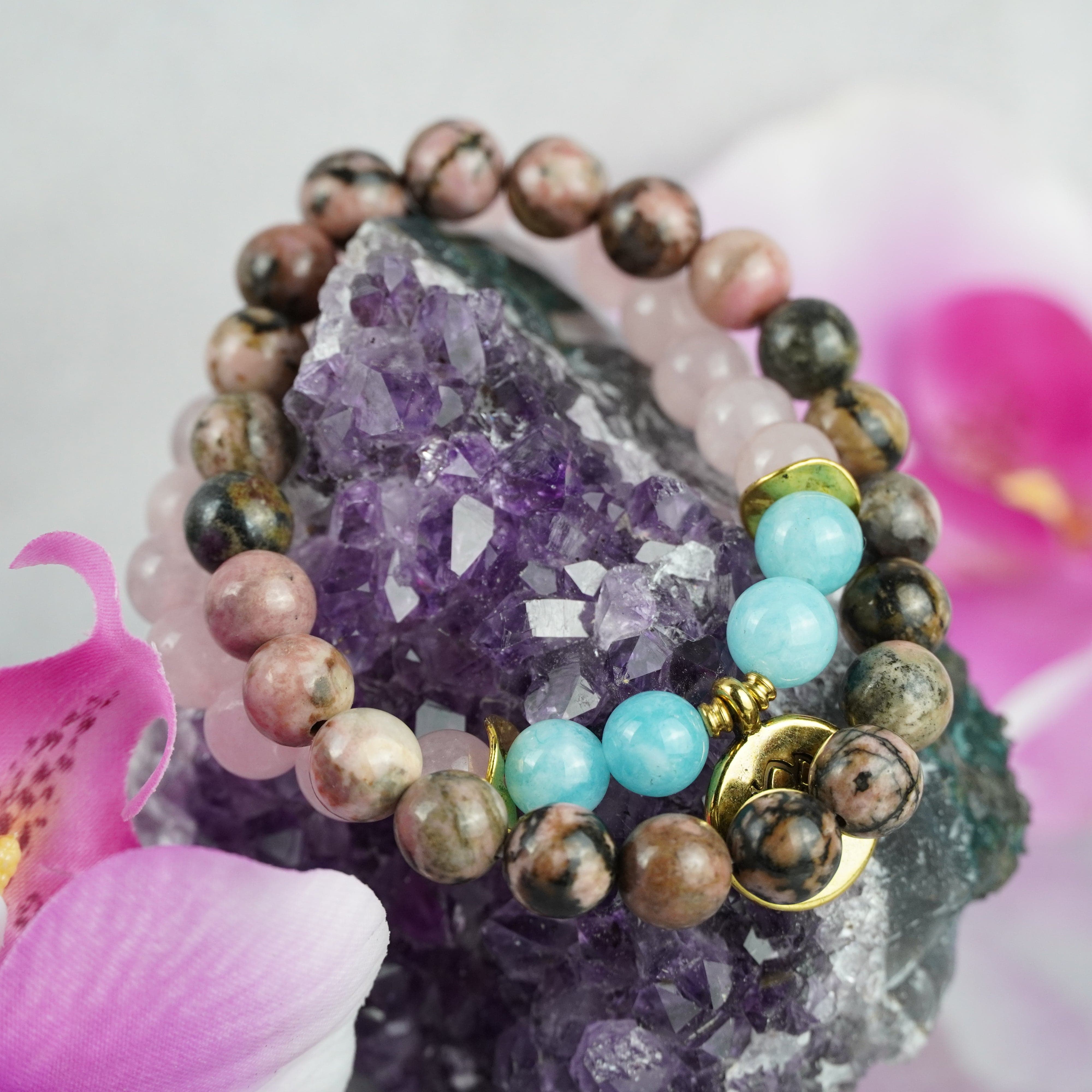 Amazonite Rose Quartz Rhodonite Lotus Charm STYLES BY SOMA